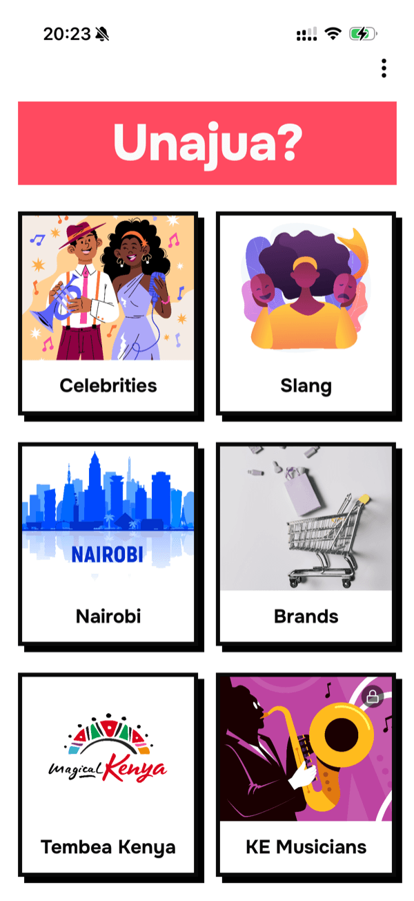 Unajua? deck picker — Celebrities, Slang, Nairobi, Brands, Tembea Kenya, KE Musicians